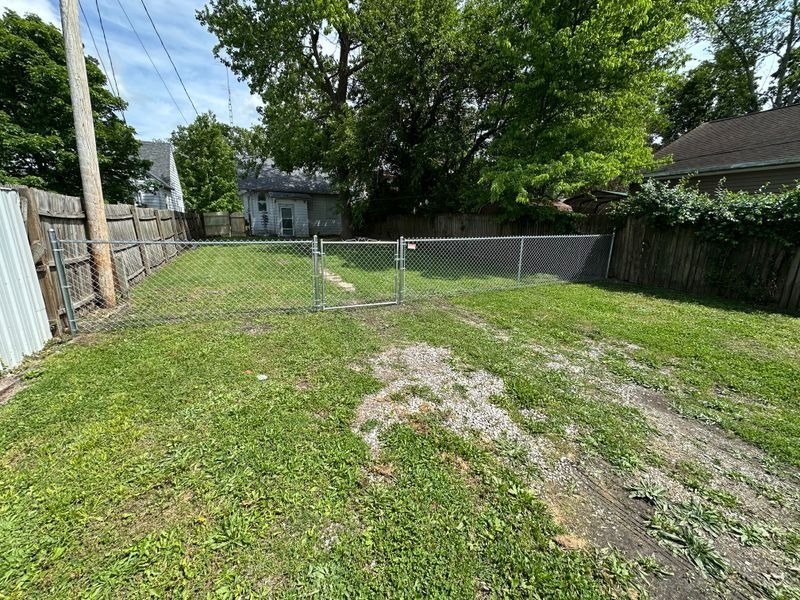 Empty grassy backyard with a chain-link fence, trees, and a white shed on the left