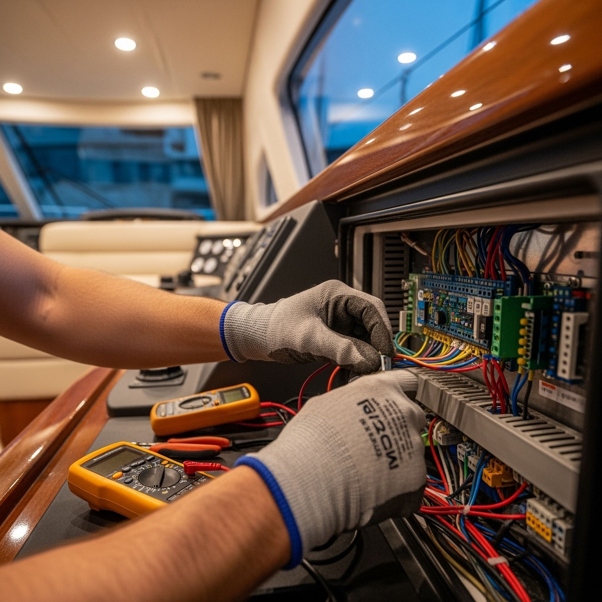 Hands of an electrician working on boat's electrical panel. They are wearing gloves and using tools, indoors.