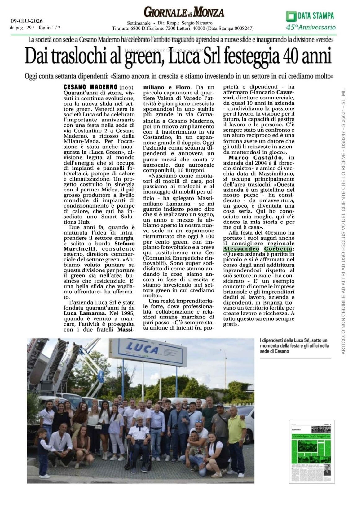 Rassegna stampa Giornale di Monza articolo 40 anni Luca Srl traslochi e green