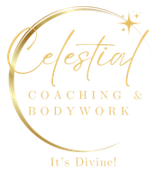 Gold logo with "Celestial Coaching & Bodywork" in cursive and a gold crescent. Sparkling star accent. Text: "It's Divine!"