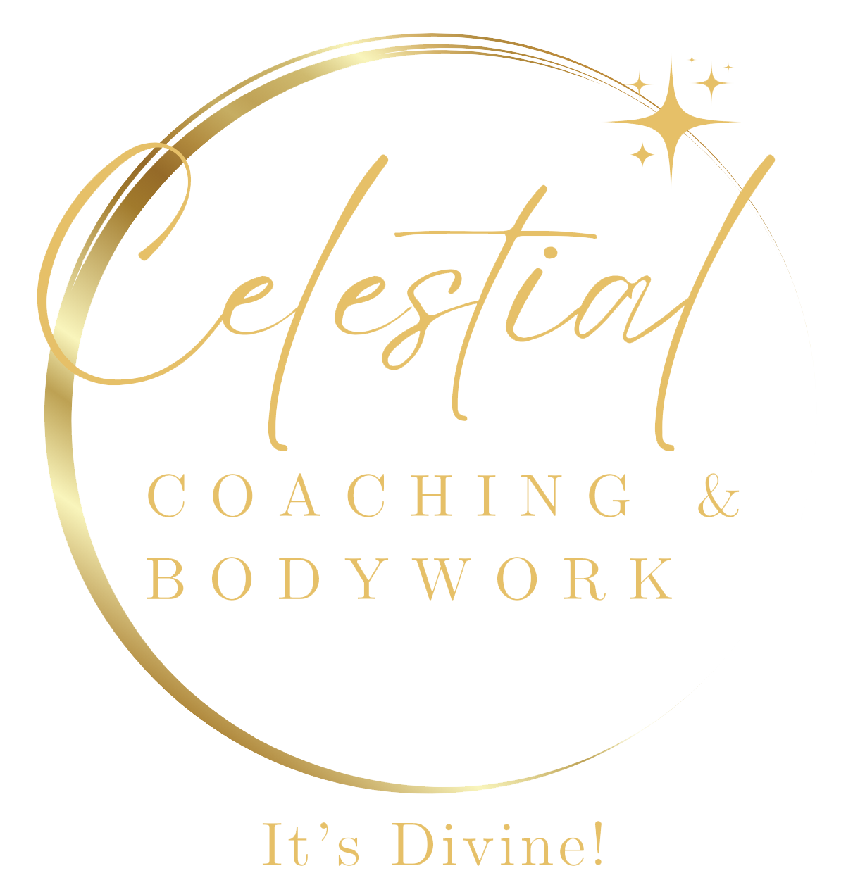 Gold logo with "Celestial Coaching & Bodywork" in cursive and a gold crescent. Sparkling star accent. Text: "It's Divine!"