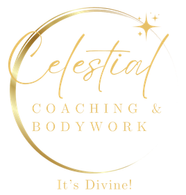 Gold logo with "Celestial Coaching & Bodywork" in cursive and a gold crescent. Sparkling star accent. Text: "It's Divine!"