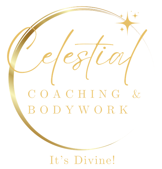 The logo for celestial coaching and bodywork is a gold circle with a star in the middle.
