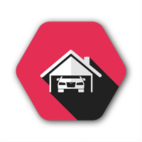 Car in a garage icon within a red hexagon. Long shadow.