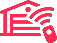 Red icon: House with wifi signal waves and remote control, symbolizing smart home technology.