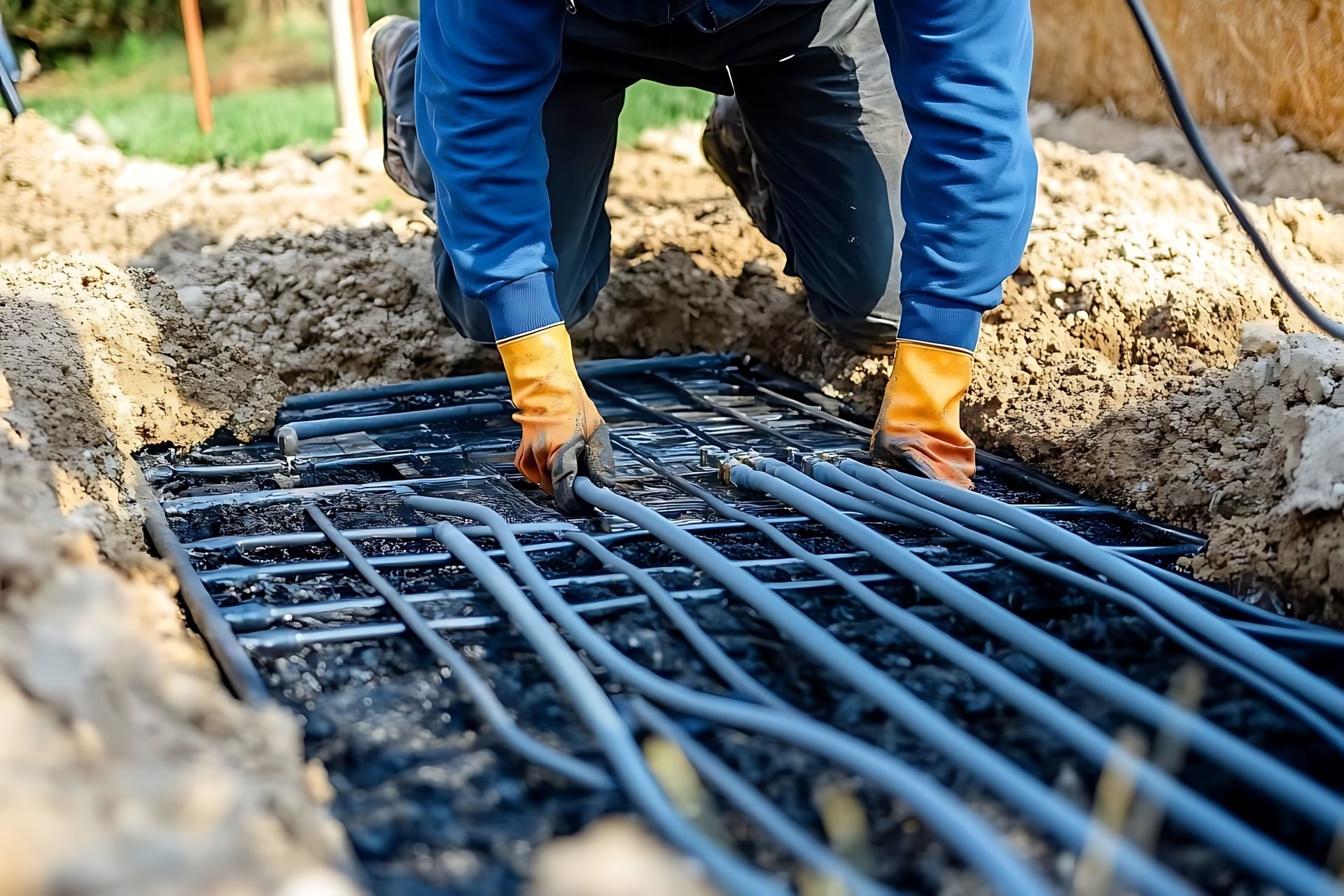 Worker installing underground heating or piping system in a trench with gloves on.