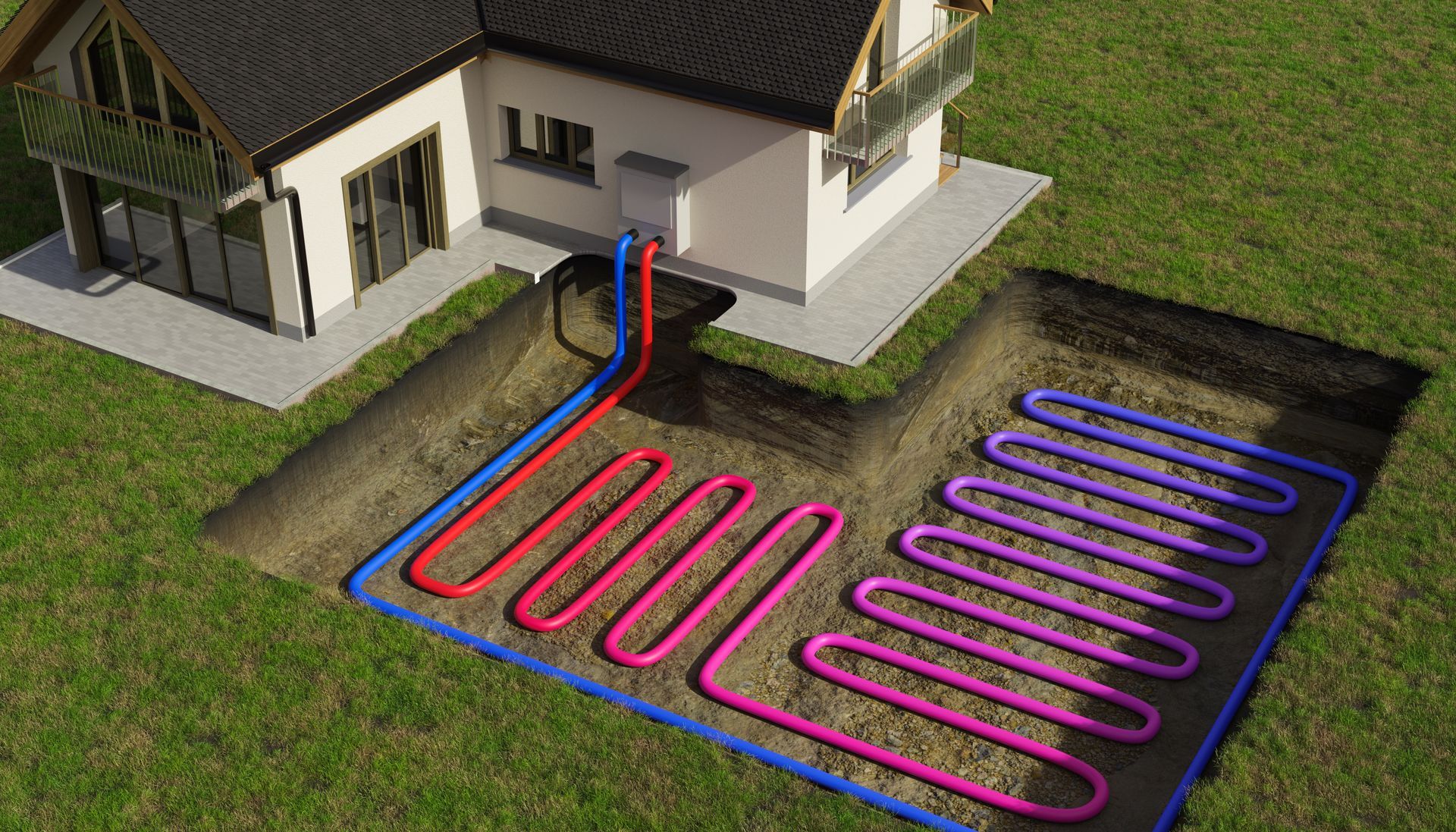 Diagram showing underground piping connected to a home for an efficient heating and cooling system.
