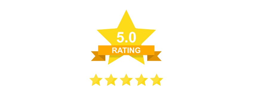 A yellow star with a ribbon that says 5.0 rating and five stars.