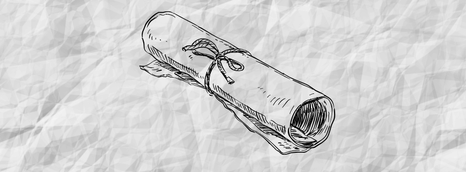 A black and white drawing of a scroll on a piece of crumpled paper.
