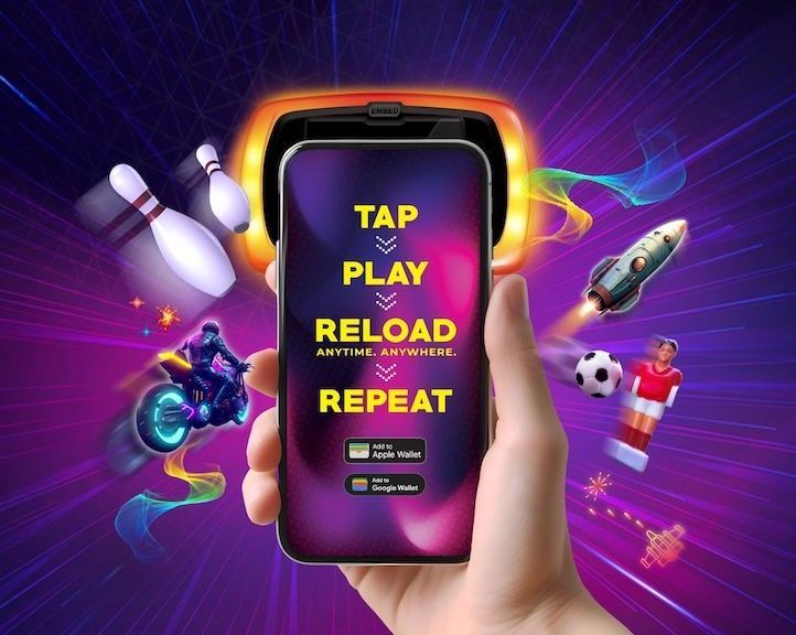 A hand is holding a smart phone that says tap play reload repeat
