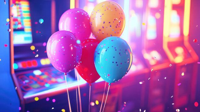 A bunch of balloons are sitting in front of an arcade machine.