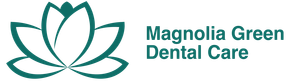 The logo for magnolia green dental care has a lotus flower on it.