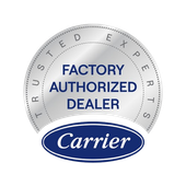 Carrier trusted factory authorized dealer badge with blue and silver text and logo