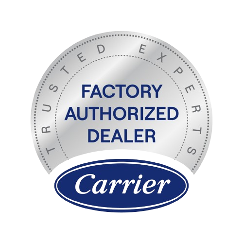 Carrier trusted factory authorized dealer badge with blue and silver text and logo