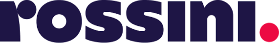 Logo Rossini, testo blu navy, punto rosso.