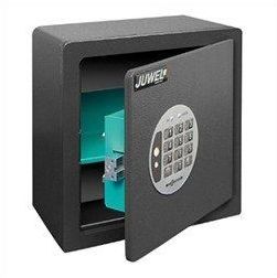 Una cassaforte elettronica a muro JUWEL di colore grigio, con lo sportello leggermente aperto, che lascia intravedere un ripiano interno color verde acqua e la tastiera sul davanti.