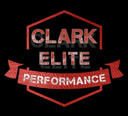 A logo for clark elite performance with a red ribbon