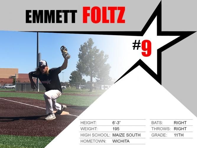 Baseball player Emmett Foltz (#9) fielding a ball on a dirt infield, with stats graphic overlay.