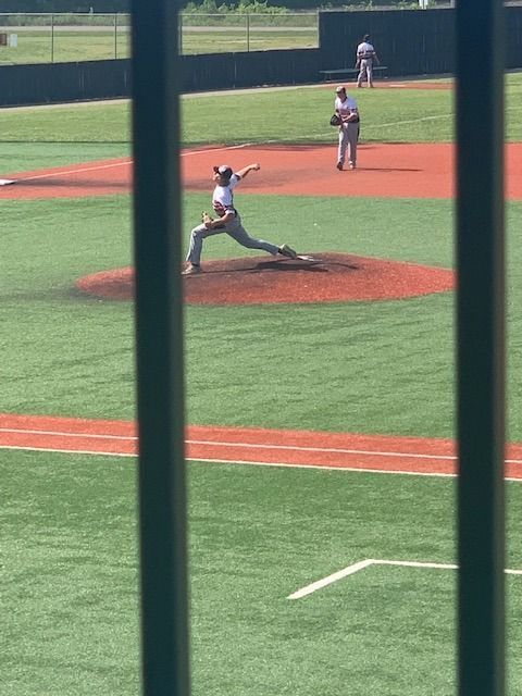 Baseball pitcher mid-throw on a sunny field, seen through vertical fence bars.