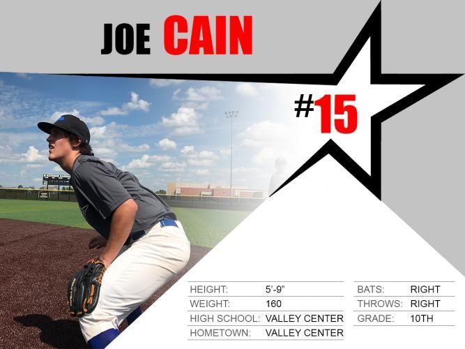 Baseball player in gray jersey and black cap crouching on field, with “Joe Cain” and #15 text.