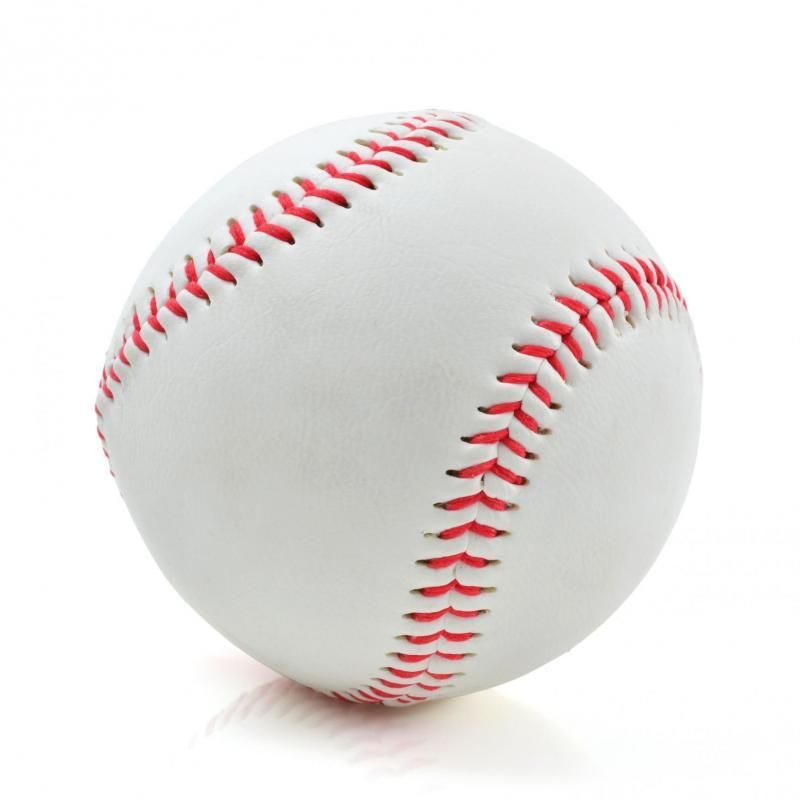 White baseball with red stitching on a plain background