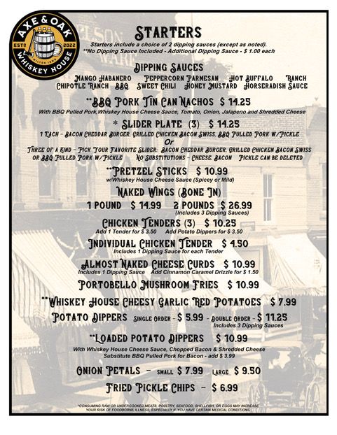 Food Menu | Axe & Oak Whiskey House