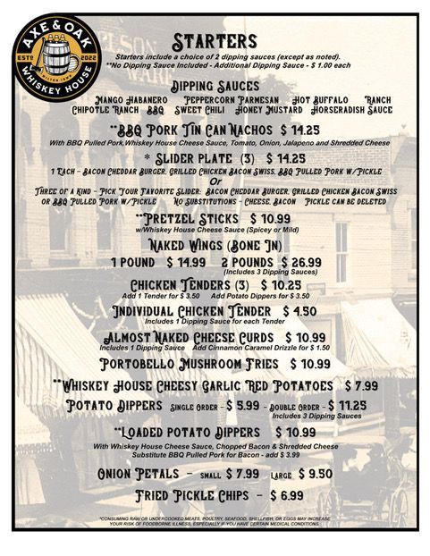 Rustic restaurant menu page listing starters and appetizers in black text on a beige background.