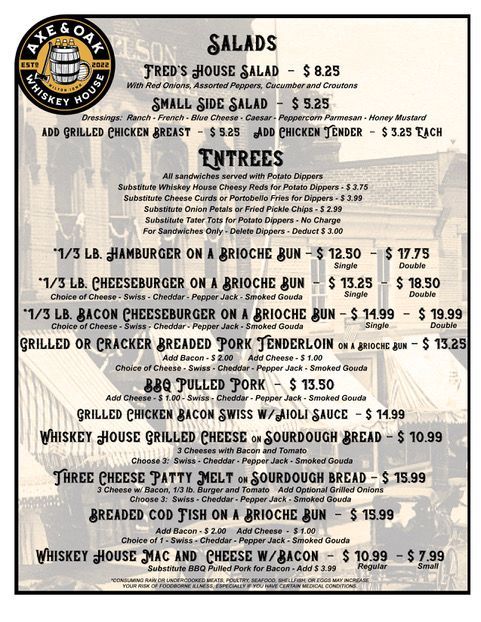 Vintage black-and-white restaurant menu listing salads and entrees with prices and burger options