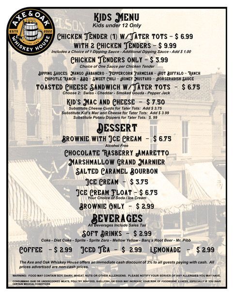 Menu poster with kids menu, desserts, and beverages listed in black text on a light background