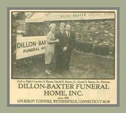 Black and white photo of three people standing outside a funeral home, Dillon-Baxter, with a sign.