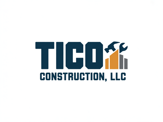 Logo for Vanguard Construction: Yellow house outline with tools, blue and yellow color scheme.