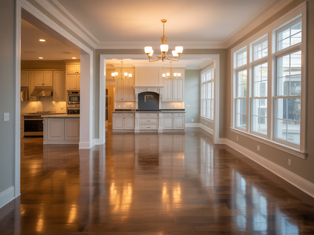 Empty open-plan living and dining area with polished hardwood floors, white trim, and large windows.