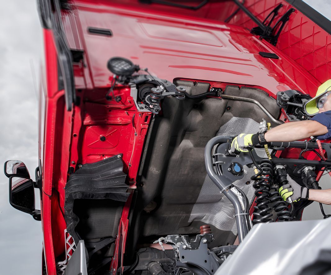A Man is Working on the Engine of a Red Truck — North Coast Construction Equipment In Nambucca Heads, NSW