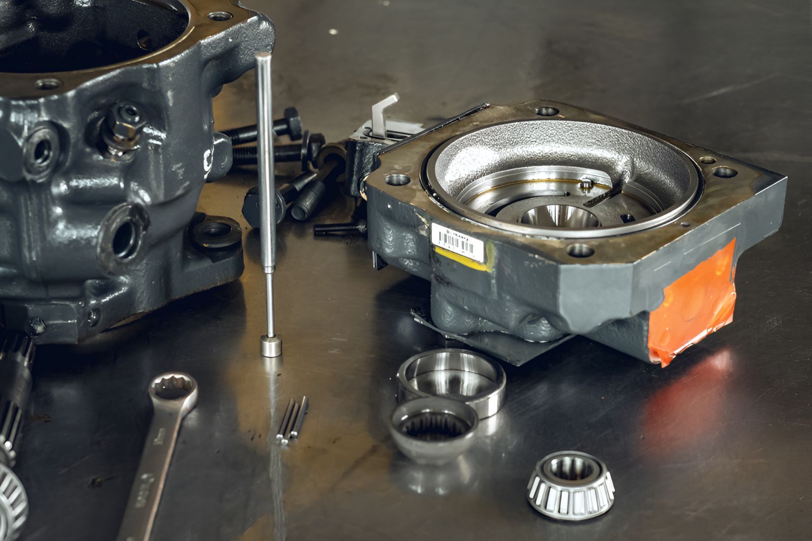 A Piece of Metal is Sitting on a Table Next to a Wrench — North Coast Construction Equipment In Macksville, NSW