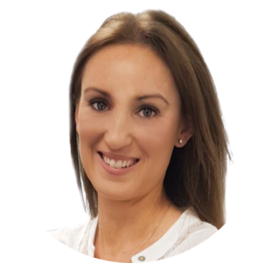 A woman with long brown hair is smiling and wearing a white shirt