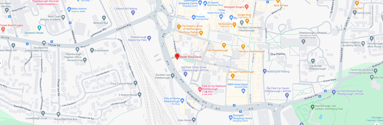 A map of Peterborough with a pinpoint location of the Peterborough Office.