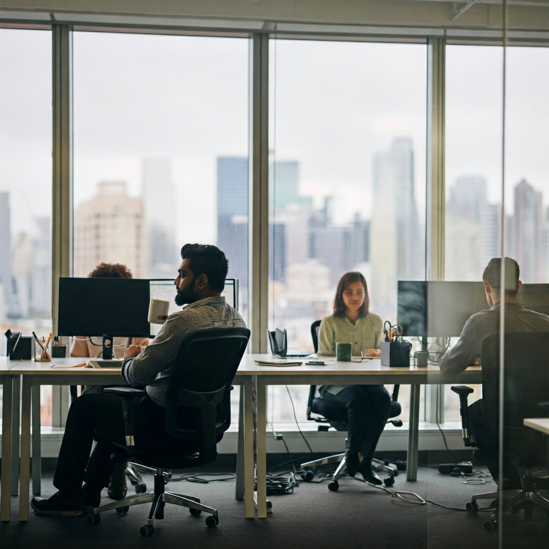 A group of people are sitting at desks in an office working on computers.