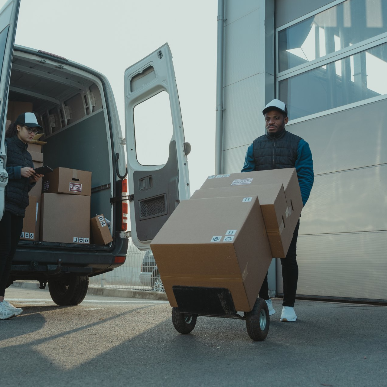 A man is pushing a cart full of cardboard boxes