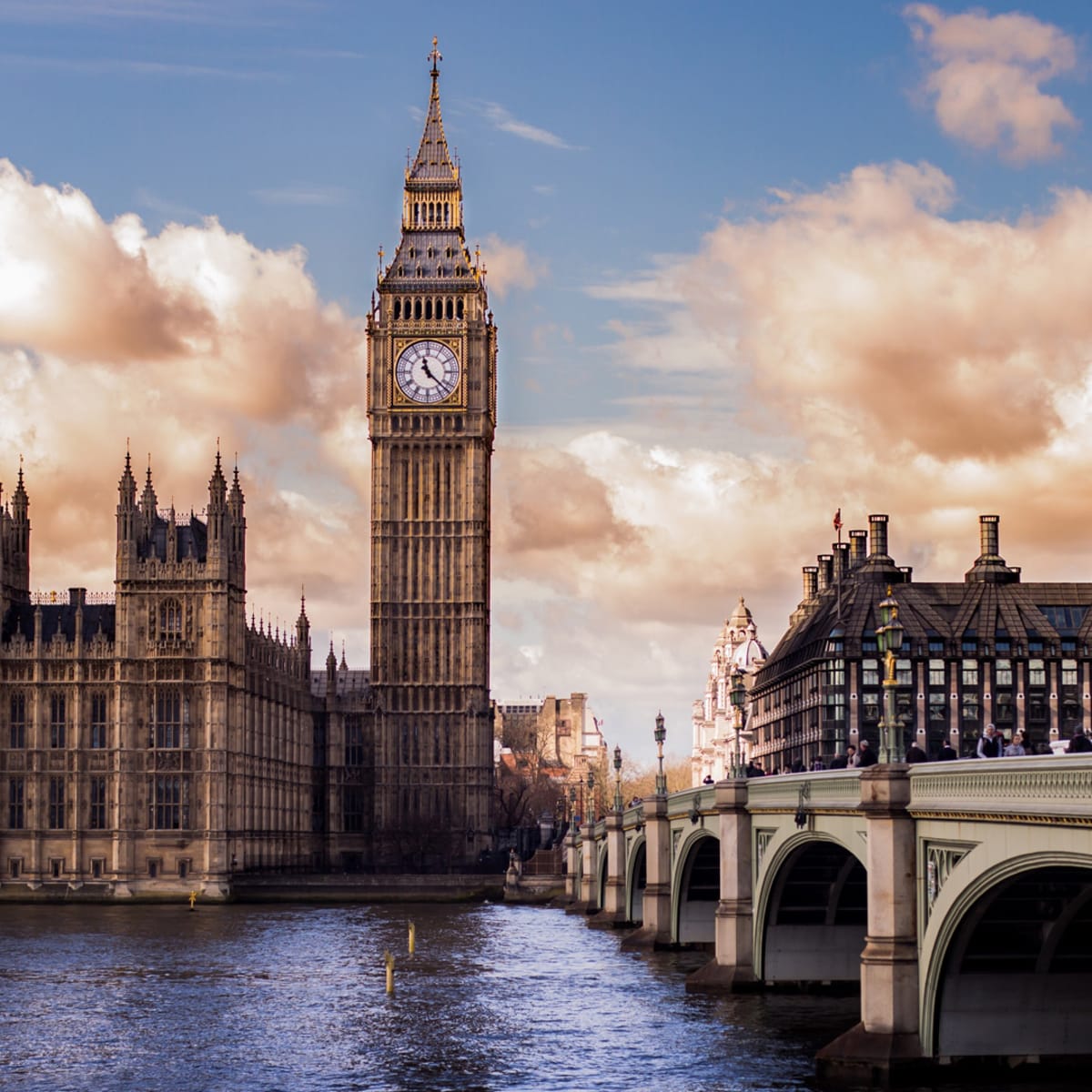 Big ben clock tower in london with a bridge in front of it