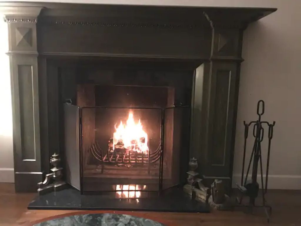 a lit fireplace