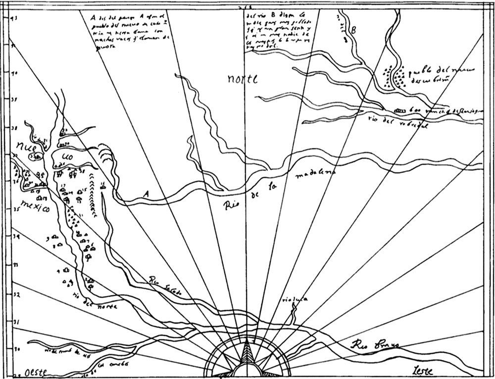 A black and white map with a compass pointing to the north