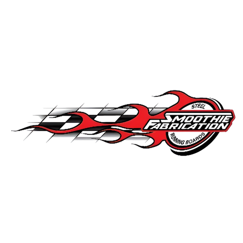 A logo for smoothie fabrication with a checkered flag and flames.