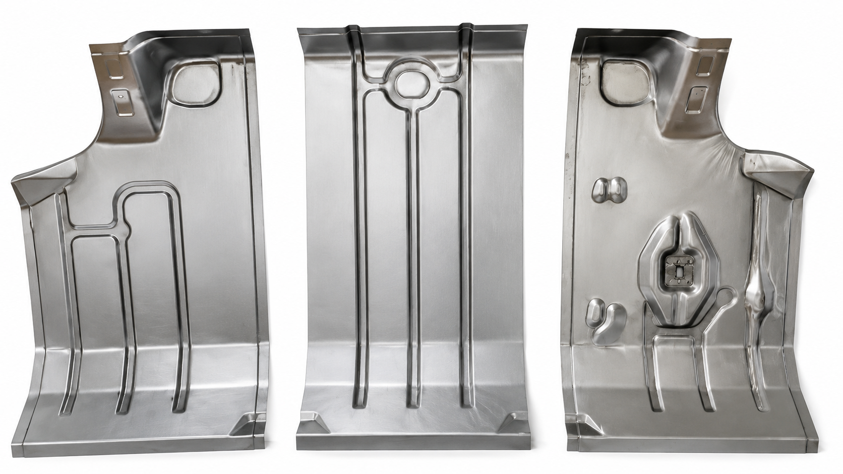 Three silver metal automotive body panels with stamped channels and mounting brackets on a white background