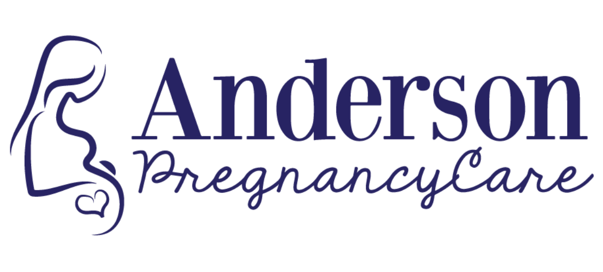 The logo for anderson pregnancy care has a picture of a pregnant woman on it.