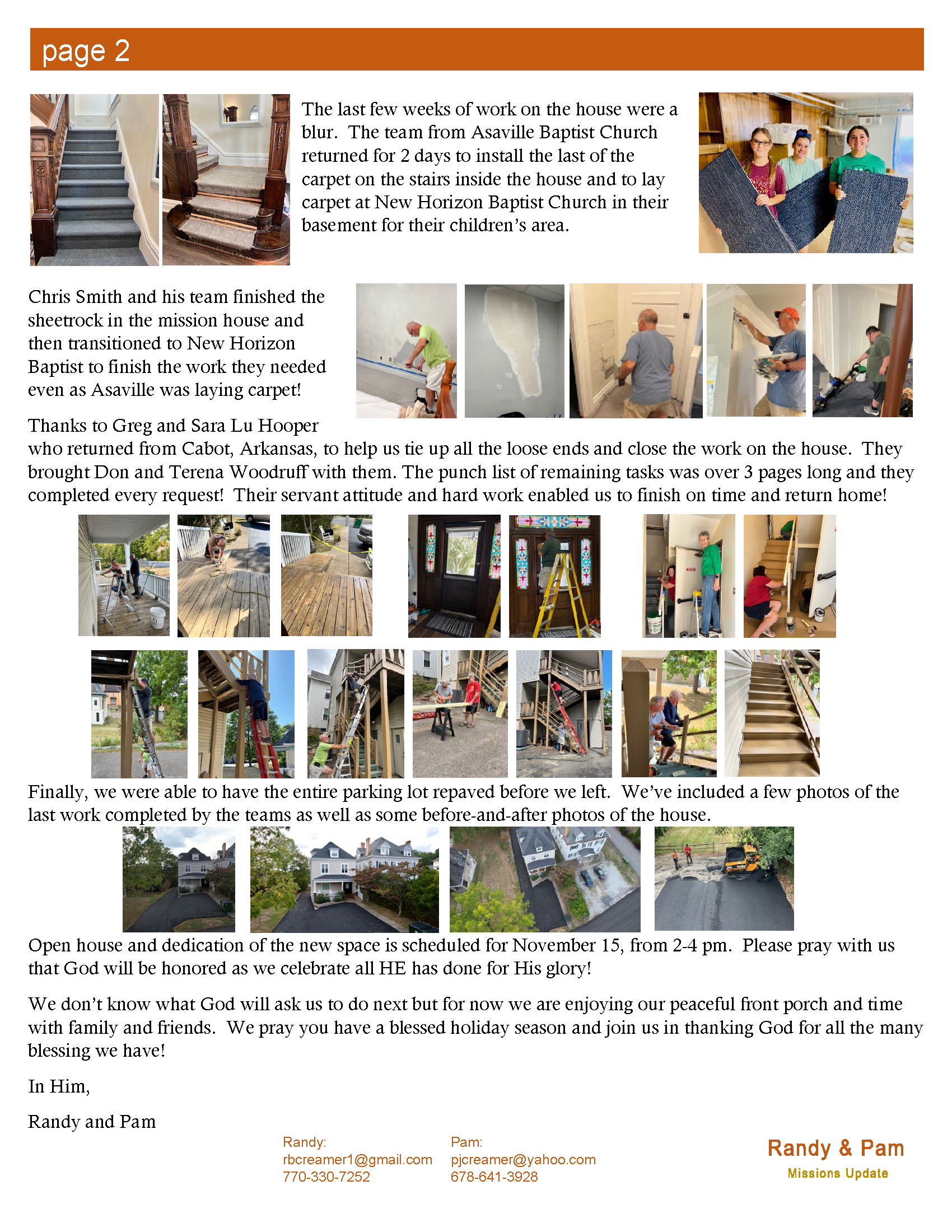 Page 2: Photos of home renovations, various workers inside and outside the property.
