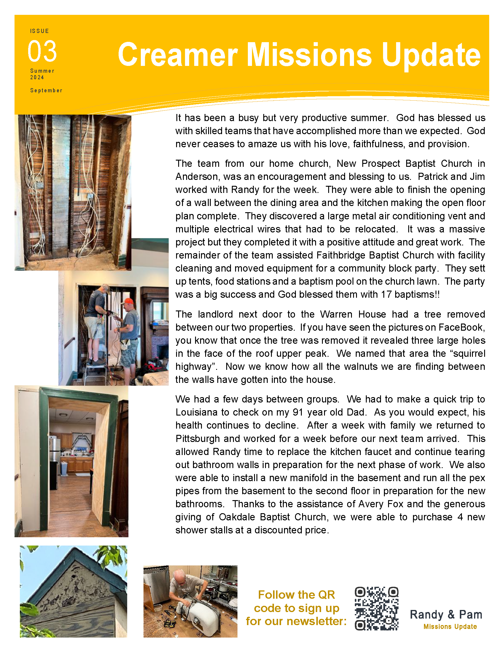 A flyer for creamer missions update with pictures of a house.