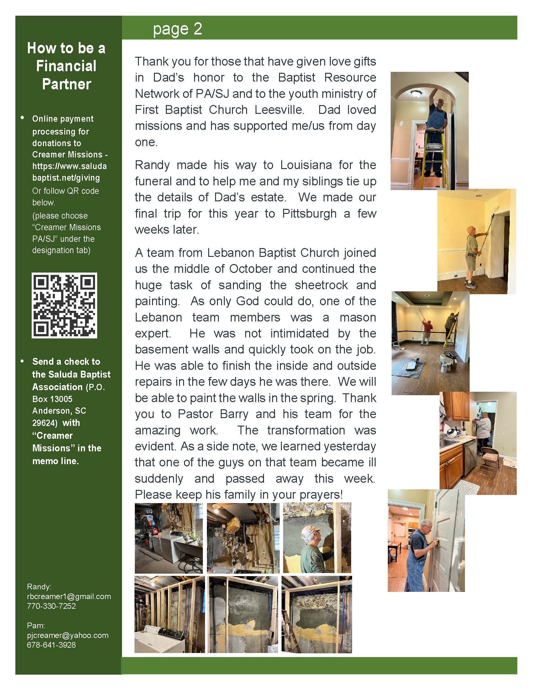 Page 2 of Creamer Missions Update 4, with text and photos of building renovation.