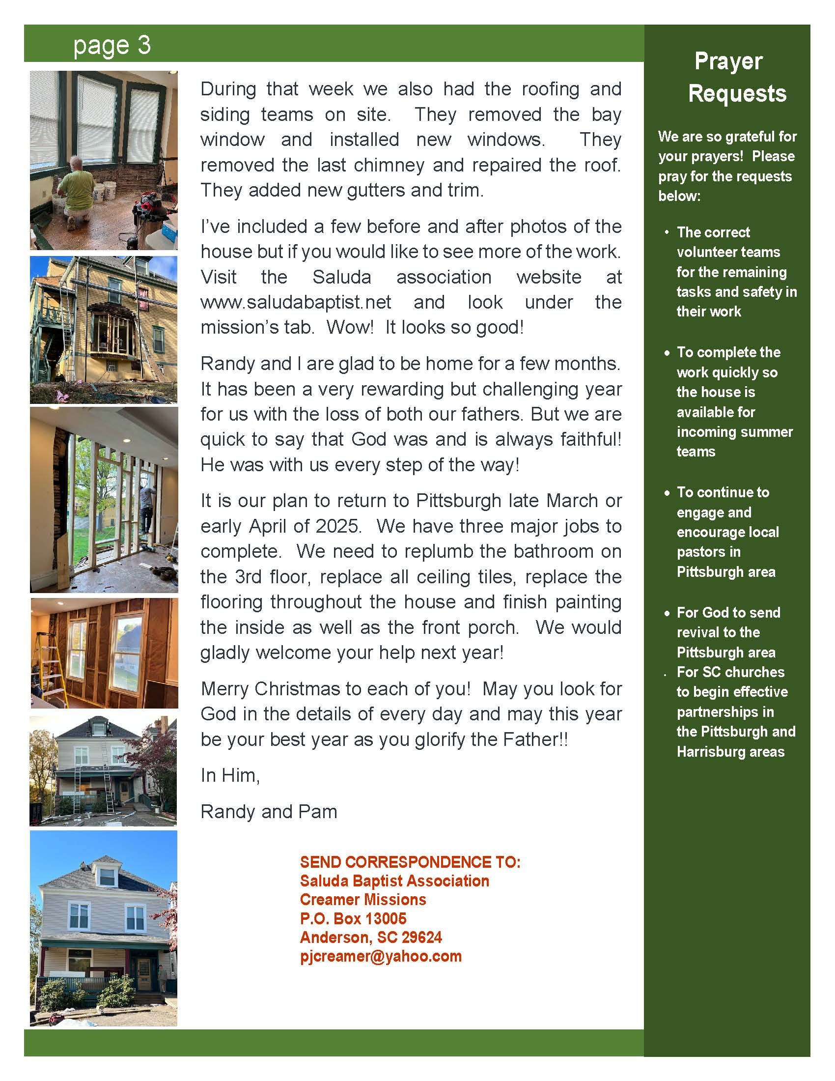 Page 2 of Creamer Missions Update 4 with photos of renovated windows, doors, and houses; text detailing improvements.