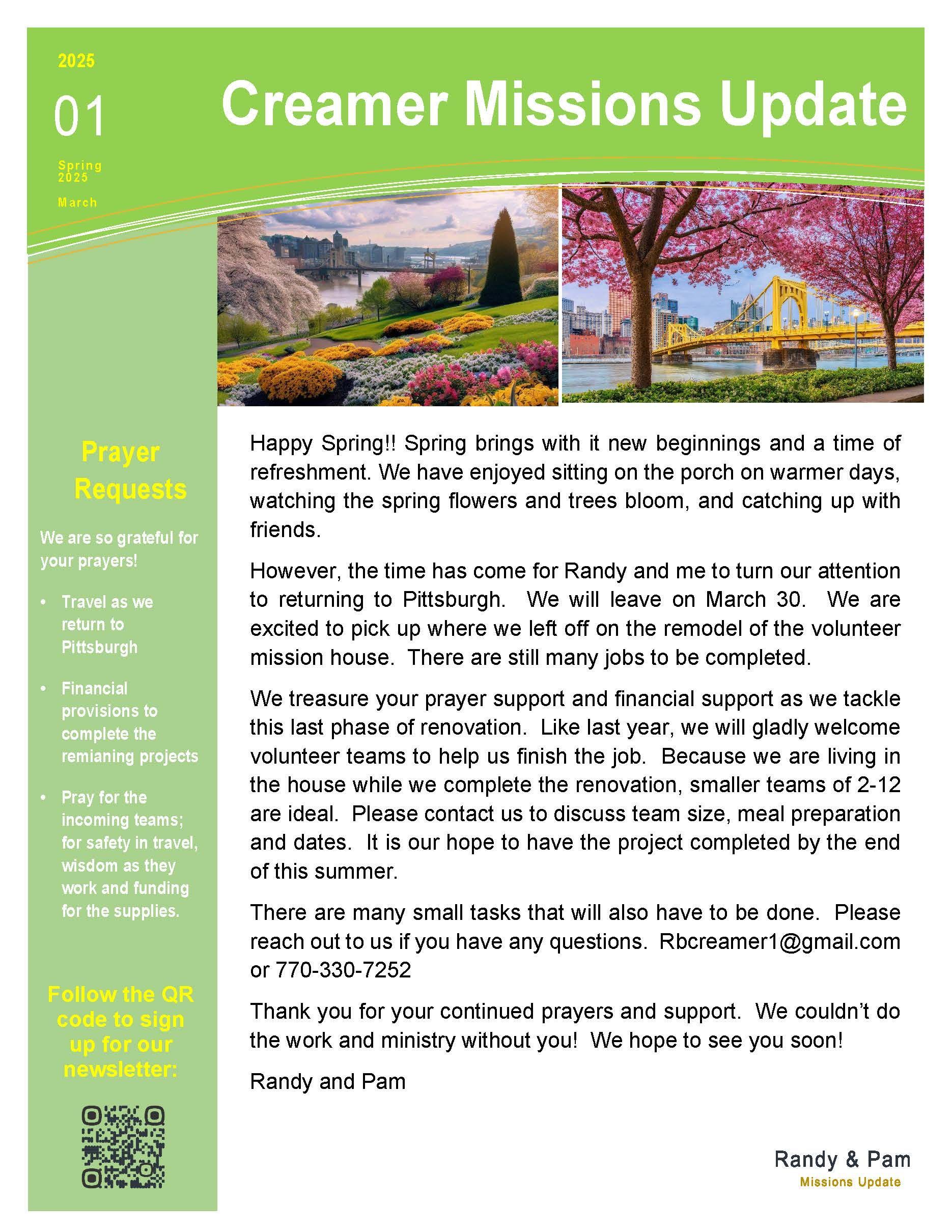 A green and white flyer with a picture of a park and trees on it.