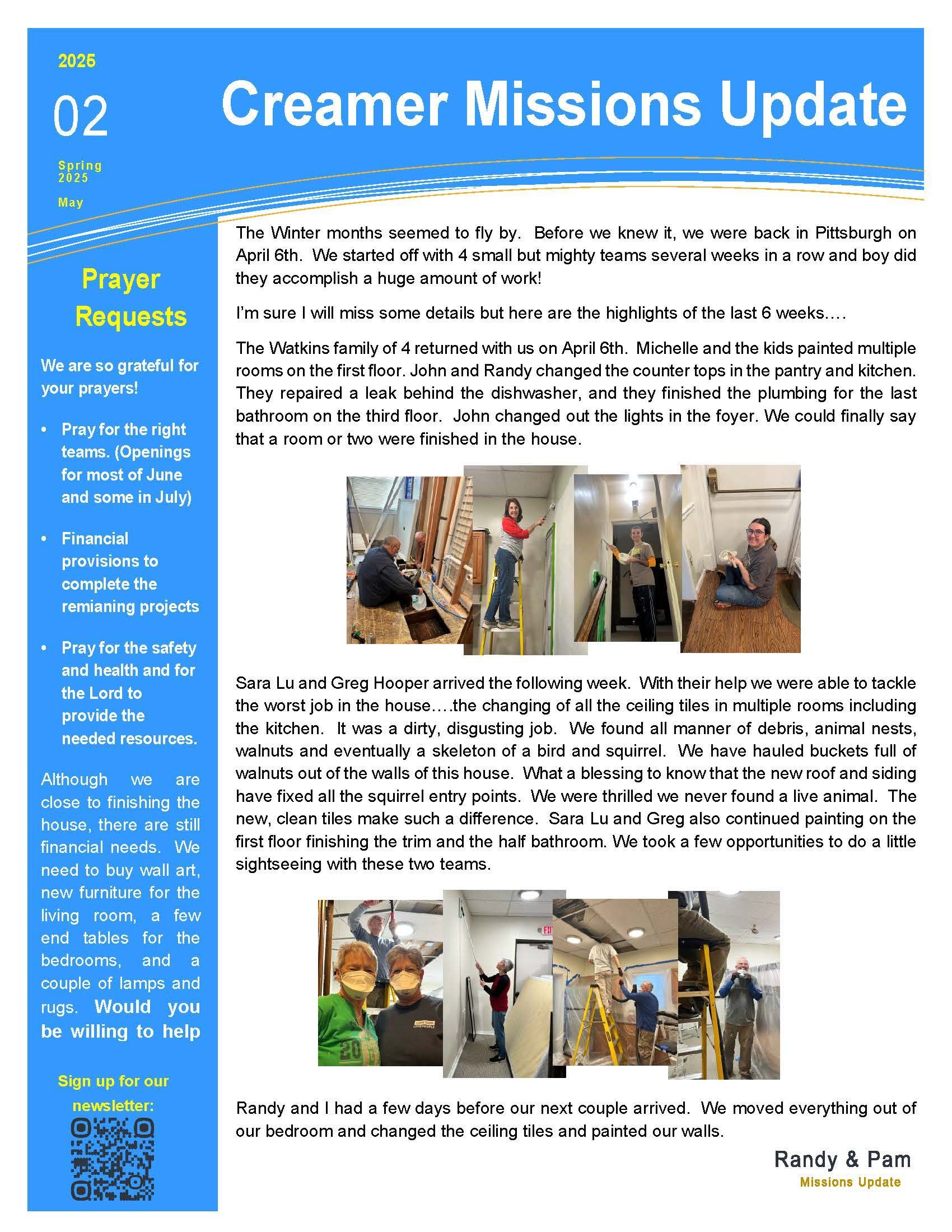 Newsletter about Creamer Missions, showing people working in a building.
